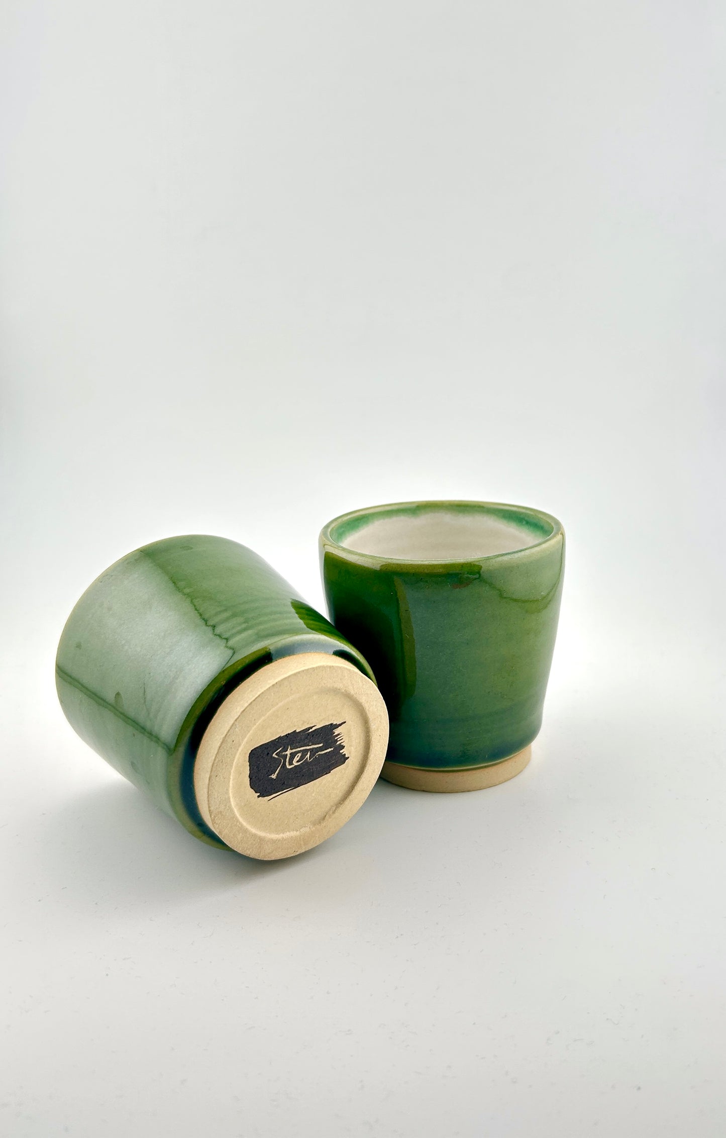 Set of two olive green coffee mugs - handmade & signed